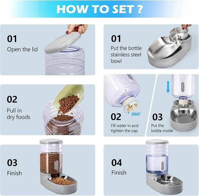 Automatic Cat Feeder and Water Dispenser with Stainless Steel Bowl Gravity Food Feeder and Waterer Set for Small Medium Dog Puppy Kitten 1 Gallon x 2(Grey)