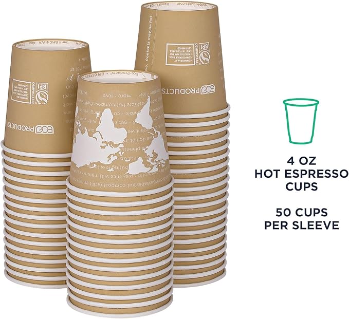 ECO PRODUCTS Compostable Disposable World Art 4oz Espresso Coffee Cups, Case of 1000, Renewable Hot Paper Cup, Plant Based PLA Lining, Color Coded