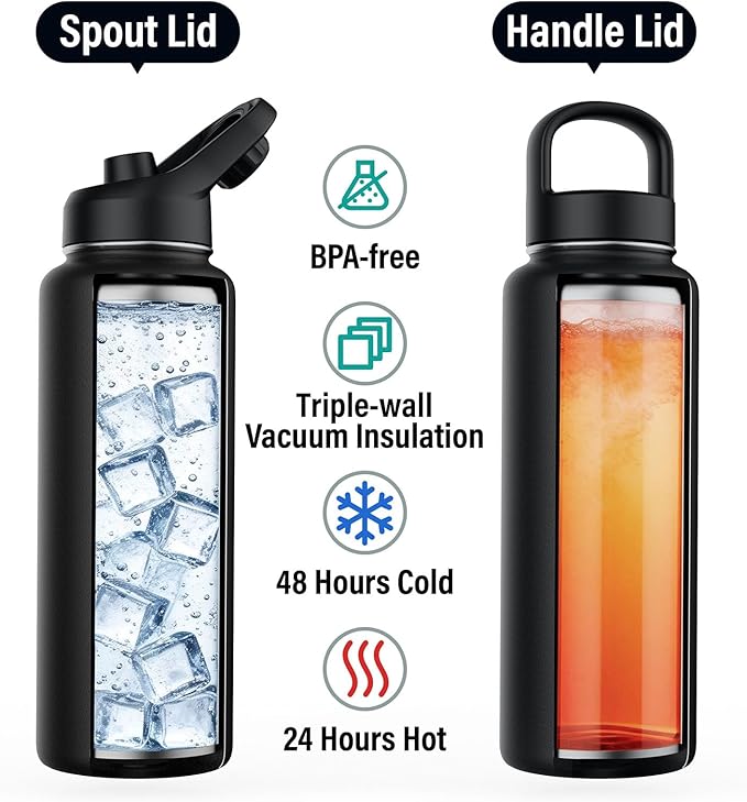 ICEWATER 40 oz Versatile Water Bottle with 4 Lids (Filtered Straw Option Reduces Chlorine Taste & Odor Great for Travel), Triple Wall Vacuum Stainless Steel Insulated Cold for 48H Leak-Proof BPA-Free