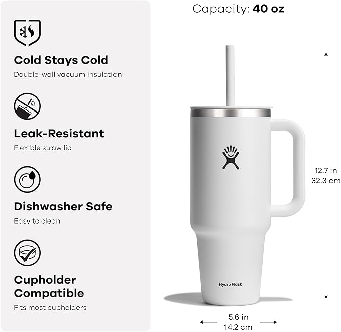 Hydro Flask Travel Tumbler with Handle, Lid and Straw - Insulated Stainless Steel in 40 Oz Indigo Blue