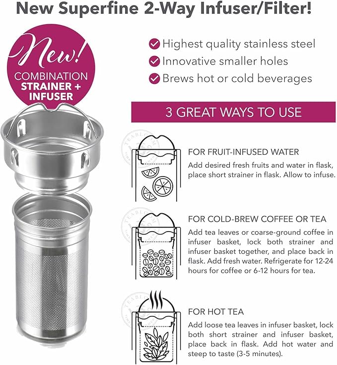 Teabloom ORIGINAL All-Purpose Beverage Tumbler - 16 oz - 480 ml - Brushed Metal Insulated Water Bottle/Tea Flask/Cold Brew Coffee Mug - Extra-Fine Two-Way Infuser Travel Bottle - Ruby Red