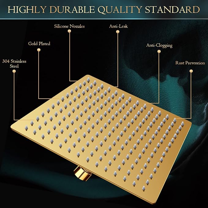 Shower Head,12'' Rain Shower Head with 11'' Adjustable Extension Arm and 5 Settings High Pressure Handheld Shower Head Combo,Powerful Shower Spray Against Low Pressure Water-Brushed Gold