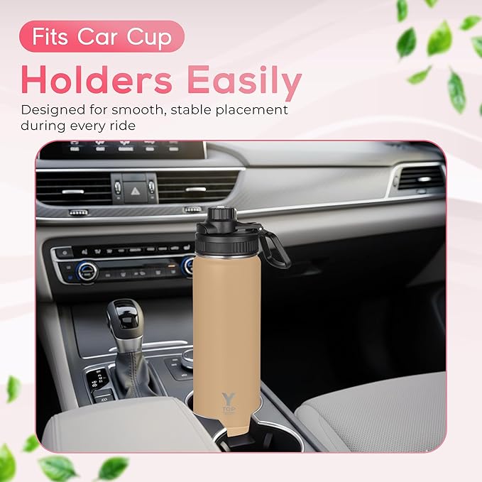 Y TOP 18 oz Insulated Water Bottle Leak Proof Spout Lid Fits in Car Cup Holder – Double Wall Dishwasher Safe Easy Clean stainless steel drinking water bottle for Gym Kids Sports Travel Hiking School