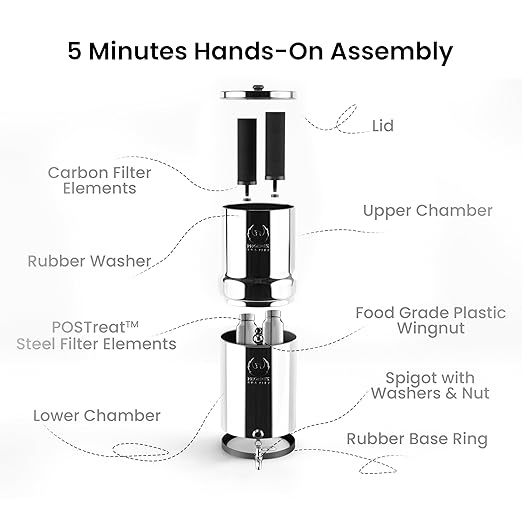 Gravity Water Filter System - 3.25 Gallons NSF Certified AISI 304 Stainless Steel Water Filter with 2 Smart Carbon Filters, 2 POSTreat Steel Fluoride Removal Elements & Free Stainless Steel Spigot
