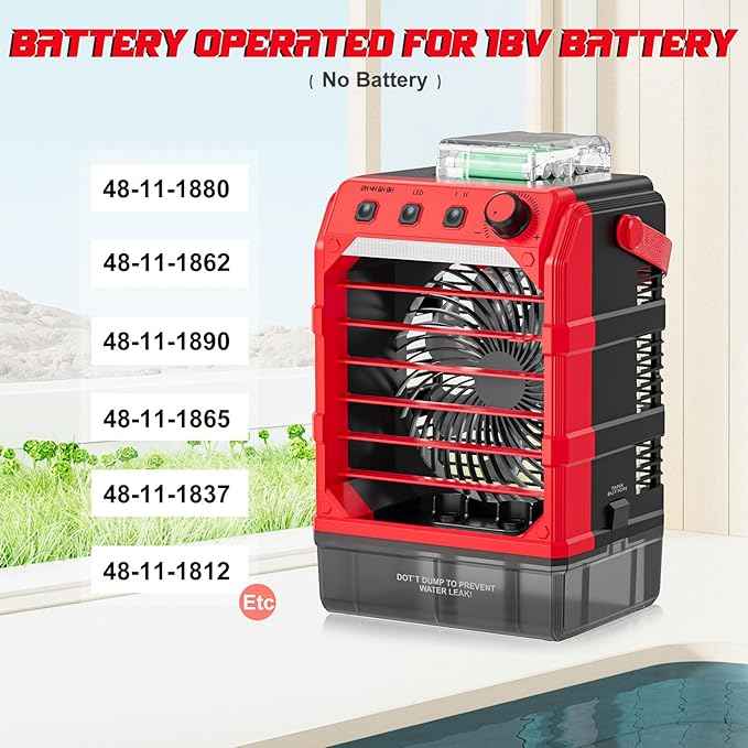Battery Powered Misting Fan Compatible For Milwaukee 18V (No Battery) or USB Input Powered,Cooling Fan with 1600ML Water Tank,Timing Function,LED for Outdoor Barbeque Camping & More