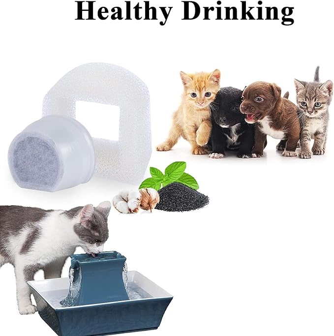 TuTuYa 16PCS Cat Water Fountain Filters Replacement Compatible with PetSafe Drinkwell Fountains, 8 Replacement Carbon Filters + 8 Replacement Sponges Foam Filter for Dog and Cat Fountains