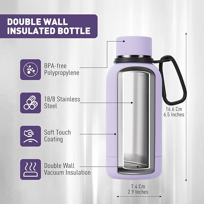 Exllena Small Water Bottle 12oz with Clip, Double Wall Stainless Steel Vacuum Small Insulated Water Bottle Keeps Drinks Cold 24 Hrs/Hot 12 Hrs for Kids Handbag School BPA Free (Purple)