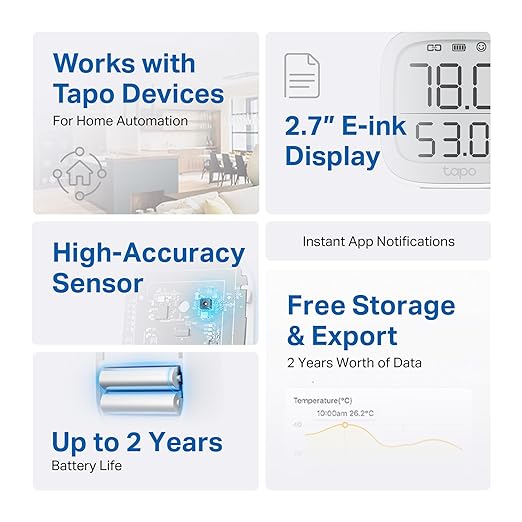 TP-Link Tapo Smart Temperature and Humidity Monitor, 2.7" E-Ink Display, Swiss-Made Sensor, Real-Time Notification, Visual Graphics, Requires Tapo Hub, White, T315