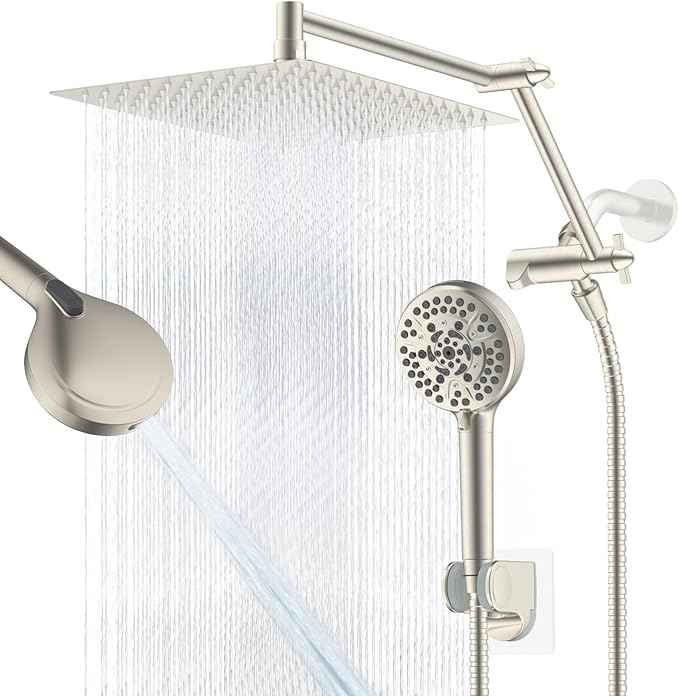 12” All Metal Rain Shower Head, High Pressure Rainfall Shower Head with Handheld Showerhead, 5“ Handheld Spray Powerful Clean 10-Mode, 16" Stainless Steel Adjustable Extension Arm, Brushed Nickel