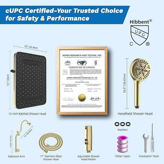 Hibbent cUPC Certified 13'' Shower Head Combo, High Pressure 5 Spray Rainfall Showerhead, 10 Spray Handheld, All Metal Easy Reach 4-way Diverter Arm with Pause Mode, 71'' Hose and Holder, Brushed Gold