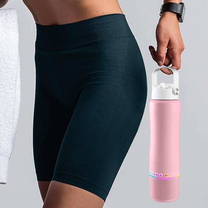 Water Bottle with Portable Bluetooth Speaker - Modular Insulated Water Bottles w/Handle, BT5.3, TWS Pairing Speaker and Stainless Steel Cups for Camping Sports Beach (Pink)