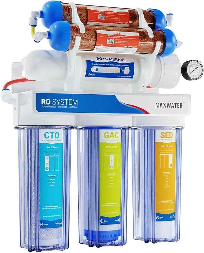 Max Water 6 Stage Aquarium System/RO Water Filtration System with Deionization Filter RO Water Purifier 100 GPD Hydroponics RODI System (Clear)