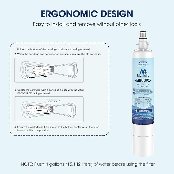 MARRIOTTO Replacement for GE® RPWFE, RPWF (Built-in CHIP) Refrigerator Water Filter, Compatible with GFE28GELDS, PFE28KELDS, PFE28KYNFS, GFD28GELDS, GYE22HMKES, GFE28GYNFS, GFD28GYNFS, Pack of 4