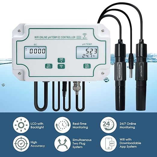 Smart EC pH Temperature Monitor for Hydroponics, 3-in-1 WiFi Water Quality Tester pH EC Controller with Dual Relay Output for Nutrient Reservoir Electric Conductivity Controller pH Meter for Aquarium