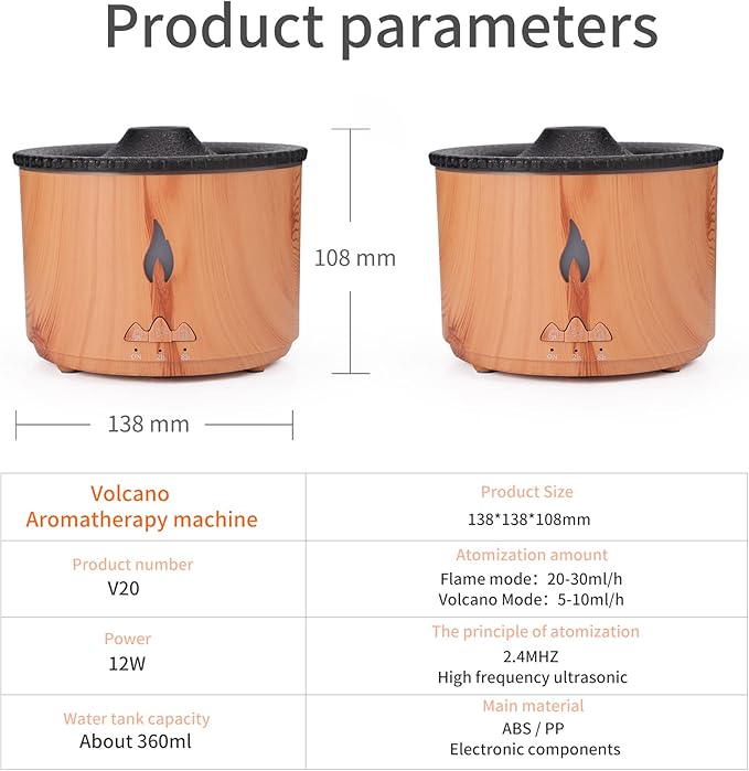 Eessential Oil Diffuser 360 ML,Volcano and Flame Air Diffuser/Humidifier, Red&Blue Light,1.76 floz Hotel Essential Oils,Diffusers for Home,Bedroom