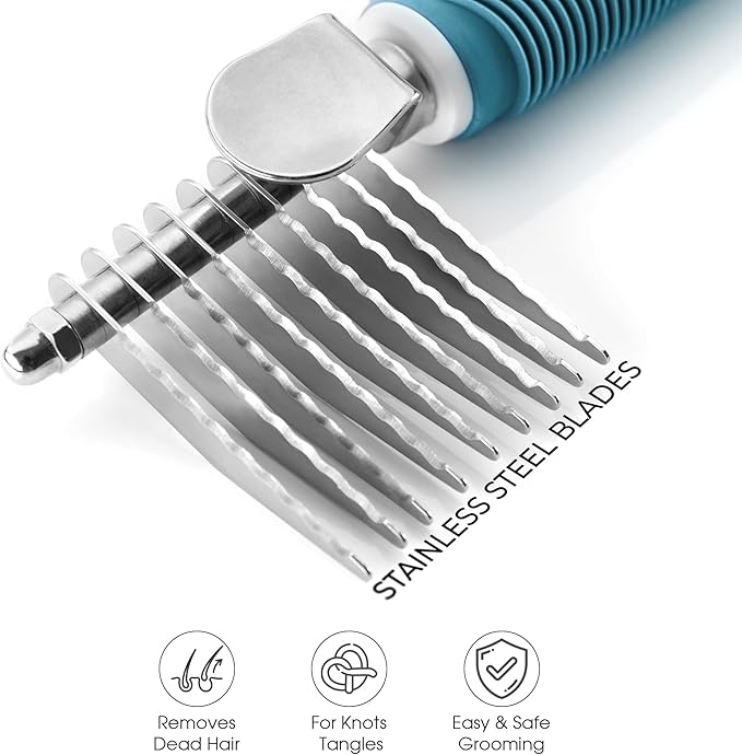 Poodle Dematting Fur Rake Comb Brush for Dogs and Cats - Long 2.5" Steel Safety Blades Metal Comb for Detangling Matted or Knotted Undercoat Hair - AquaVibe