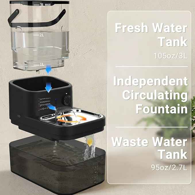 Filterless Cat Water Fountain 3L, Wireless Motion Sensor Cat Water Fountain with 4000mAh Battery, Stainless Steel Cat Bowls, Water Fountain Separate Tanks, Quiet – Black