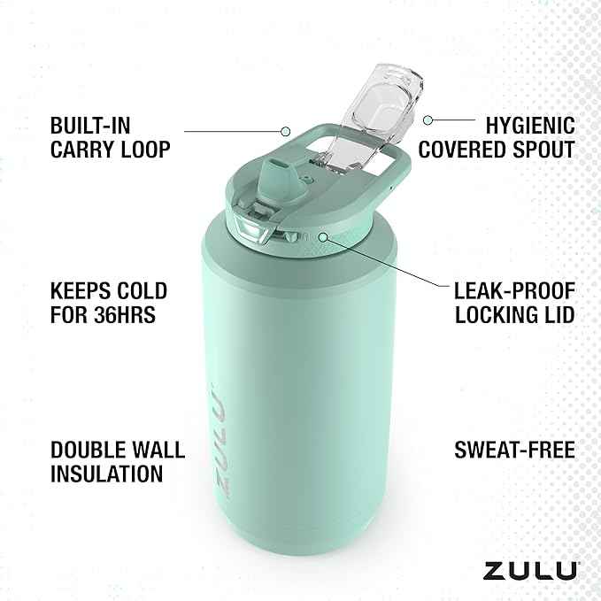 ZULU Goals Vacuum Insulated Large Capacity Stainless Steel Water Bottle | Reusable Jug Thermoses with Carry Handle | Leak-Proof Lid | Perfect for Travel, Workout, Gym, Hiking, Camping | 64oz, 101oz