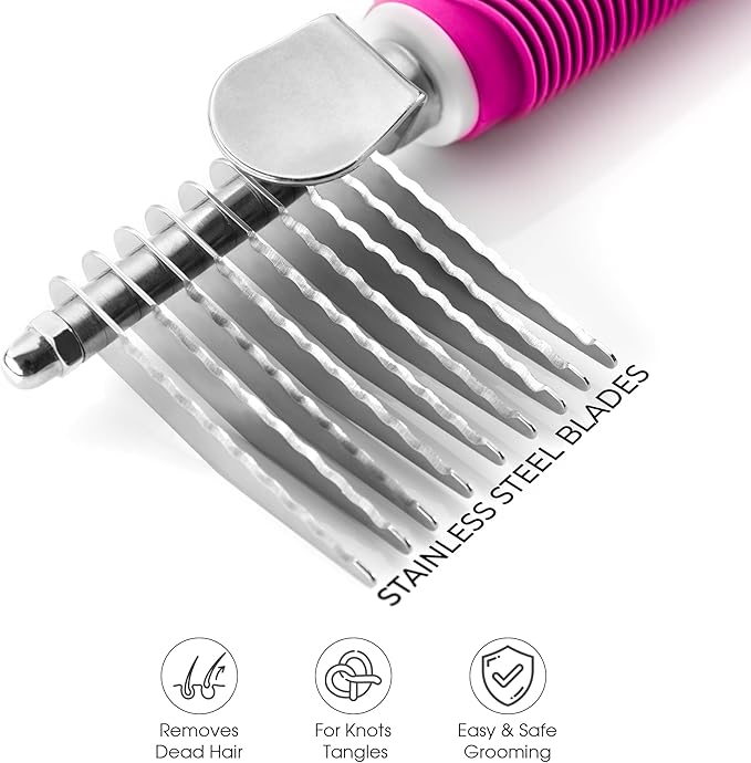 Poodle Dematting Fur Rake Comb Brush for Dogs and Cats - Long 2.5" Steel Safety Blades Metal Comb for Detangling Matted or Knotted Undercoat Hair - AquaVibe