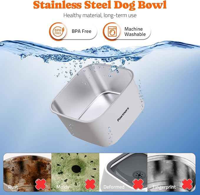 Pawtners Dog Water Bowl No Spill, 152oz/4.5L Stainless Steel Dog Floating Bowl, Slow Water Bowl for Dog with Filter, Non-Slip Base, No Splash Water Bowl for Medium Large Messy Drinkers White