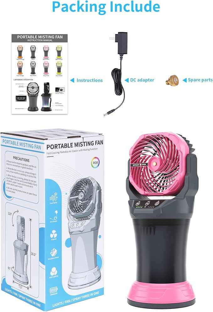 AVV Portable Misting Fan with RGB Ambient Light- 2L Water Tank, 4 Speeds & Spray Mist Fan, 30000mAh Rechargeable Misting Fans for Outdoor/Indoor Fans for Camping, Patio, Garden, Grey-Pink
