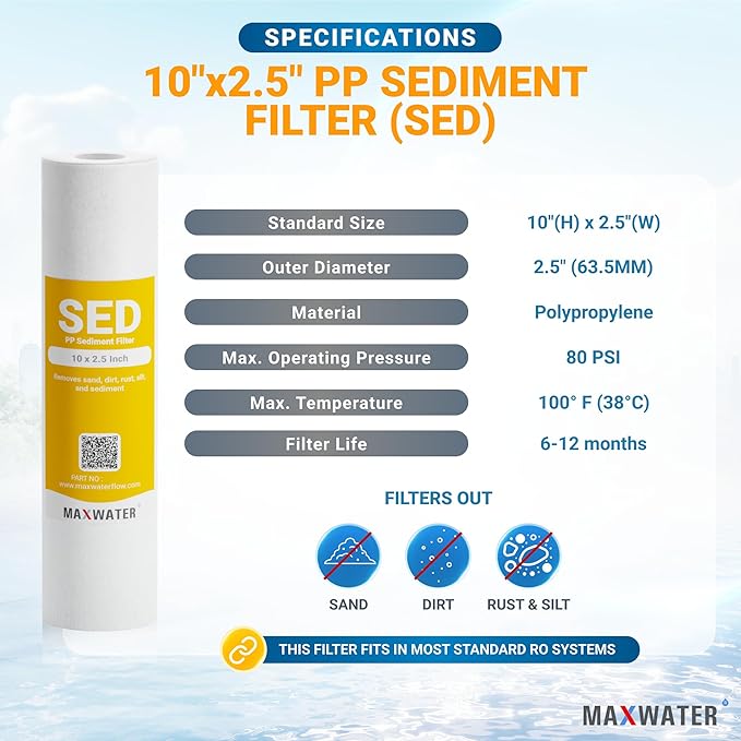 Max Water 1 Micron 10 x 2.5 Sediment Water Filter Replacement Cartridge for Whole House, Melt Blown Filtration Fiber for Heavy Duty Well Water Filter Replacement AP110, WHKF-GD05 (Pack of 50)