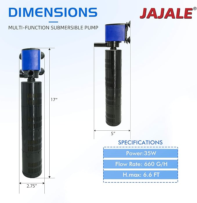 660 GPH Internal Filter Submersible Pump - 3 in 1 Aquarium Fish Tank Pump with Oxygenation, Filtration & Water Cycling, 6.6 ft max lift, 35W