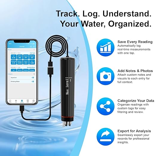 Kactoily 7-in-1 Smart Bluetooth Water Tester, Portable Digital pH/TDS/EC/ORP/Temperature/Salt/SG Meter with App Alert, Ideal for Pool/Aquarium/Hydroponics/Pond