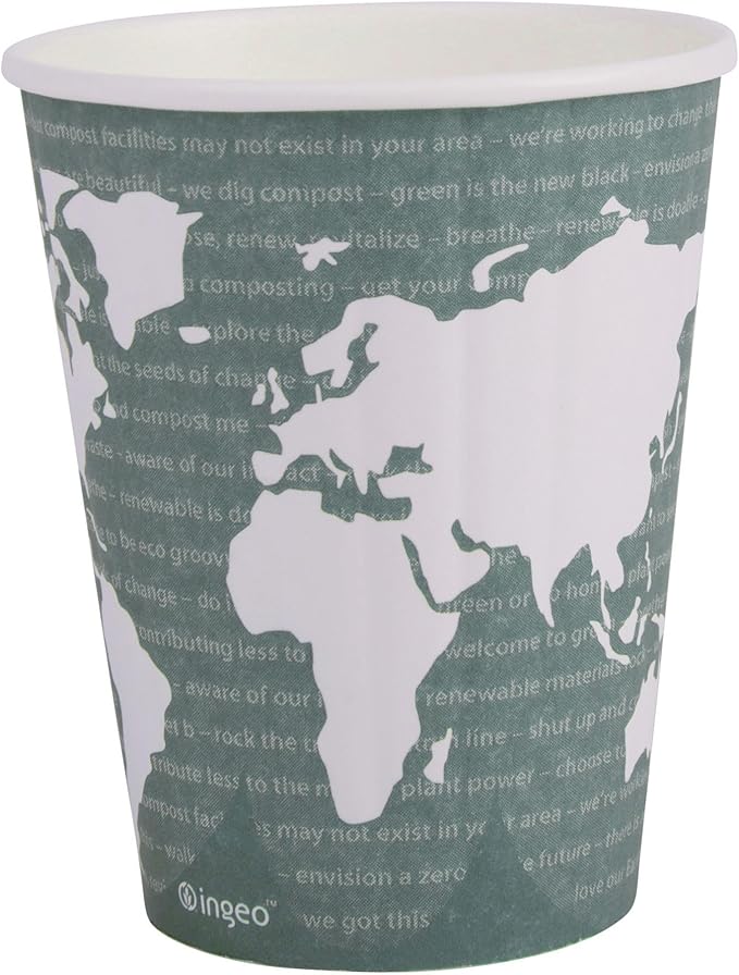 ECO PRODUCTS Compostable Disposable Insulated World Art 12oz Coffee Cups, Case of 600, Renewable Double-wall Hot Paper Cup, Plant Based PLA Lining, No Sleeves Needed, Color Coded