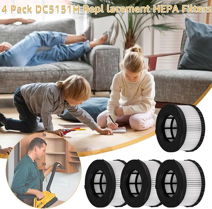4-Pack DC5151H HEPA Filter Replacement, Compatible with DEWALT Dry Wet Vacuum DC515 DCV517 DCV517B, washable and reusable filter vacuum cleaner, with cleaning brush - AquaVibe