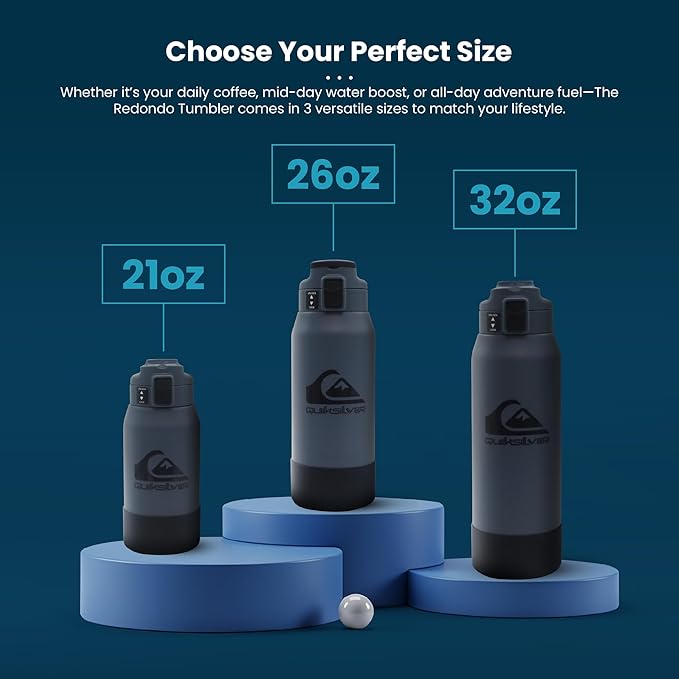 Quiksilver Redondo 32oz Double Wall Stainless Steel Water Bottle, Reusable Sports Bottle with Leak-Proof Lid, Non-Slip Rubber Base, Carrier Handle, insulated Tumblers, 24H Hot & Cold Beverage