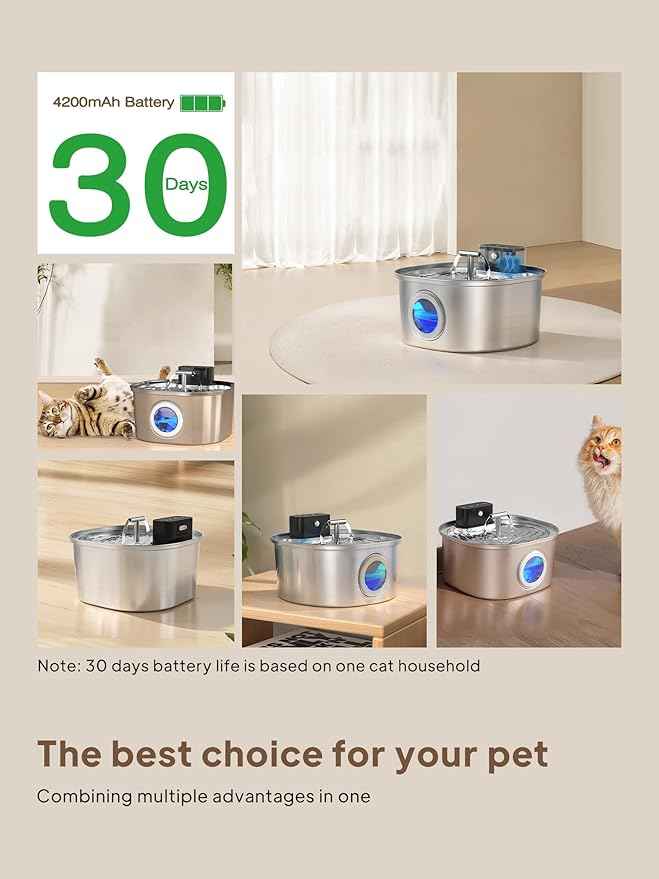 Voluas Cat Water Fountain Stainless Steel: 108oz/3.2L Wireless Cat Fountain Battery Operated for Drinking Indoor, Cordless Automatic Pet Water Dispenser Bowl with Water Level Window, BPA-Free