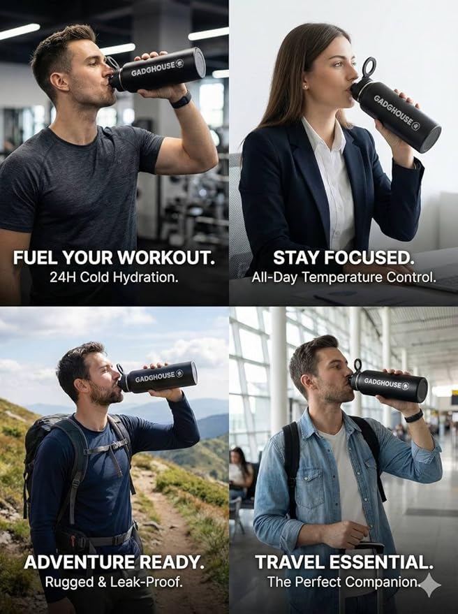 GadgHouse 40oz Stainless Steel Water Bottle with Magnetic Phone Holder, Compatible with Apple and Android. Leakproof, Insulated, BPA-Free, Keeps Hot 12H Cold 24H, for Gym, Office, Travel (ONYX BLACK)