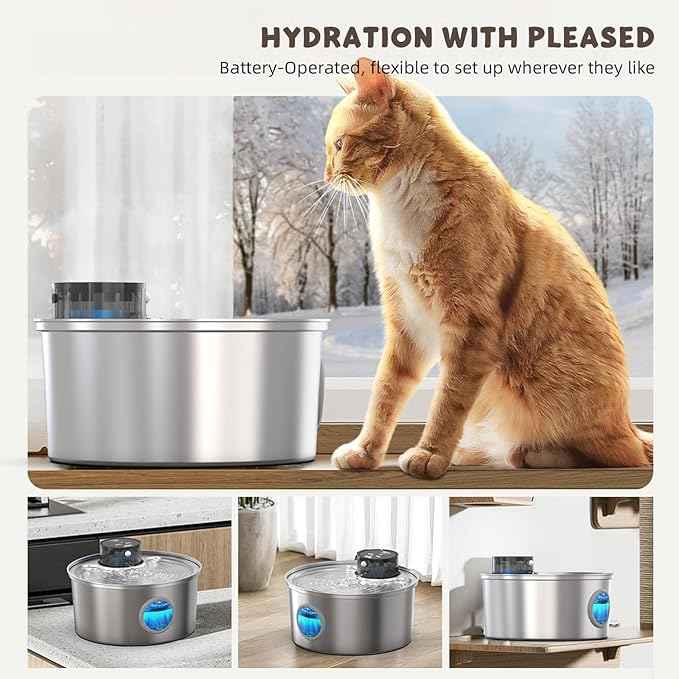 Casfuy PWL-003 Smart Motion Sensor Cordless Stainless Steel Dog & Cat Water Fountain, 108-oz