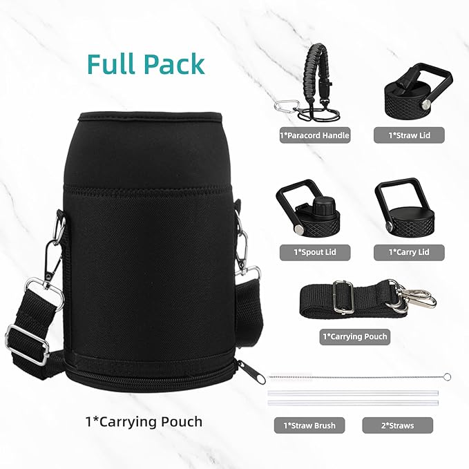 Insulated Water Bottle with Straw,50 oz 3 Lids Water Jug with Carrying Bag,Paracord Handle,Double Wall Vacuum Stainless Steel Metal Flask,Storm Blue