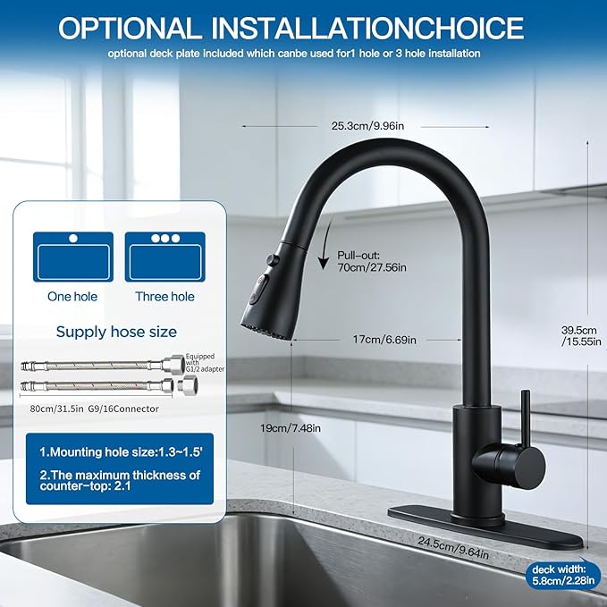 Kitchen Faucet with Pull Down Sprayer，Black Kitchen Sink Faucet，High Arc Single Handle Classic Stainless Steel Sink Faucet，1 or 3 Hole,Suitable for Farmhouse Camper Laundry Rv Bar