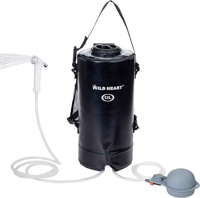 WILD HEART Camping Shower 22L/ 12L Portable Shower for Camping with Pressure Foot Pump and Hose - Solar Shower Bag Backpack for Camping, Road Trip & Outdoor Use