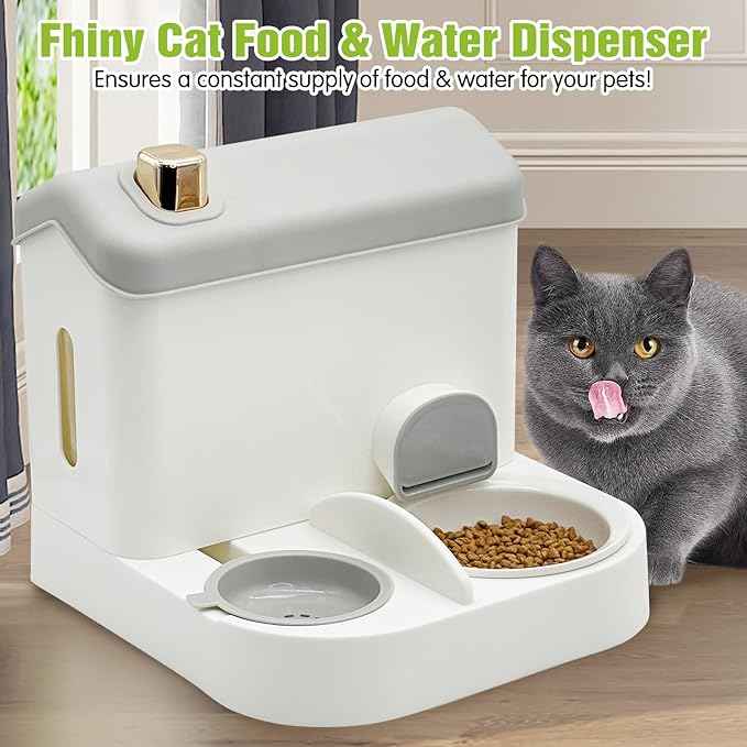 Fhiny Gravity Cat Feeder and Water Dispenser, 2 in 1 Gravity Feeder Dry Food & Waterer with Removable Ceramic Bowl, Self Feeding Station for Indoor Cats, Kittens, Puppies - Easy Clean (Grey)