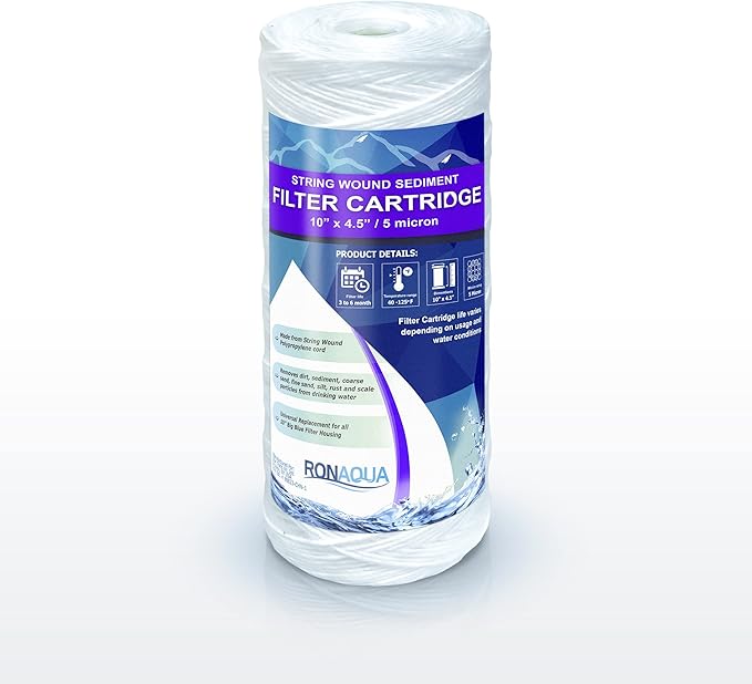 High Capacity Wound String 5 Micron Sediment Water Filter Cartridge 10” x 4.5” Removes Sand, Dirt, Silt, Rust, Extended Filter Life Compatible with 355215-45, 84637, PC10, WP1097P, WPX597P