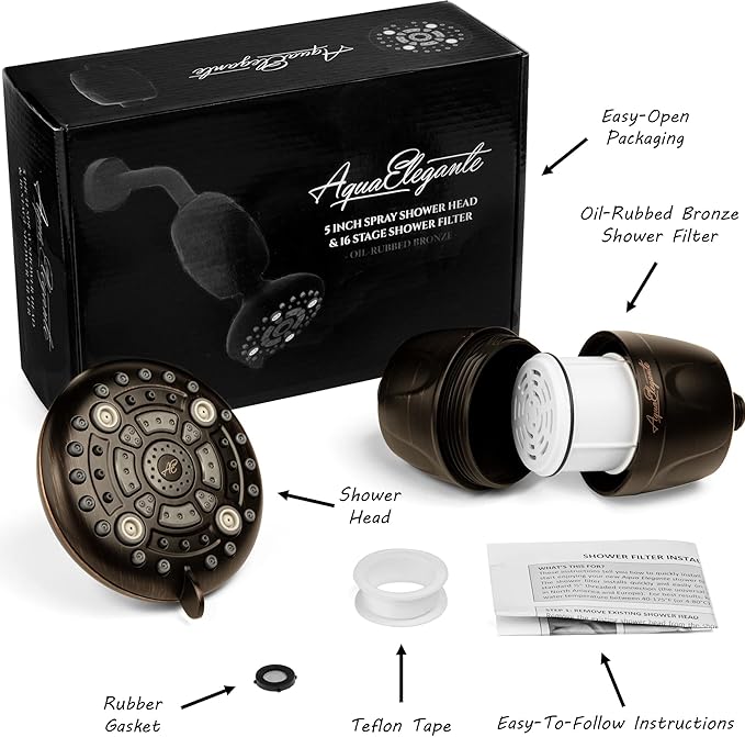 Aqua Elegante High Pressure Shower Head & Filter - Adjustable Water Saving Showerhead For Low Flow Showers With Bath Filters To Remove Chlorine + Hard Minerals 2.5 GPM - Oil-Rubbed Bronze