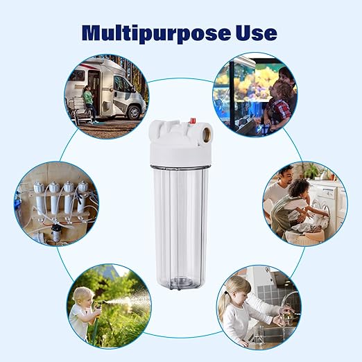 Whole House Water Filter Housing Clear,10" X 2.5" Inline Sediment Water Filter for RV, Home, Aquarium, Maple Syrup RO System, 3/4 NPT Brass Port, Steel Bracket - 1025TBH