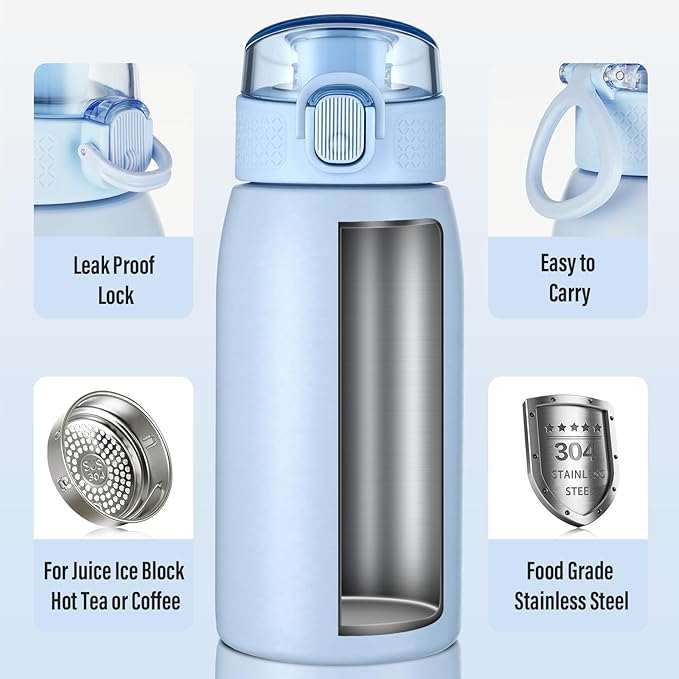 Insulated Water Bottle 12 oz with Dustproof Lid, Carry Handle & Tea Infuser, BPA-Free & Leakproof, Stainless Steel Water Bottles Ideal for Fitness, Hiking, Office & Outdoor Use （Light Blue ）