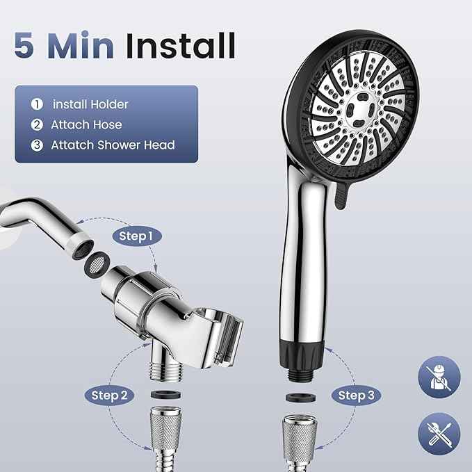 NSF Certified Shower Head with Filters, High Pressure Filtered Shower Head with Handheld 8 Mode, Water Softener Anti-clog Nozzles, Built-in Power Wash, Stainless Steel Hose,Overhead Brackets
