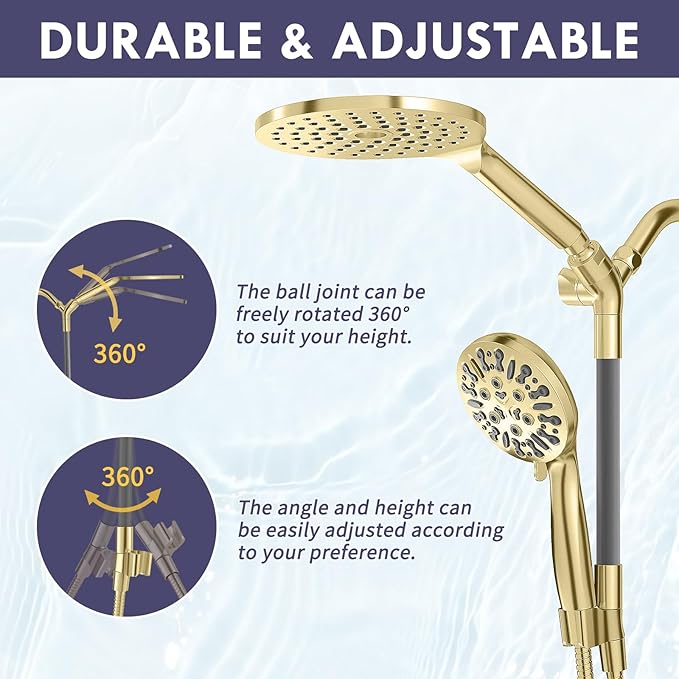 HOWUWEY Dual Shower Heads with Handheld Spray Combo, 7.5" High Pressure Rainfall Showerhead, Double Shower Heads with Handheld Spray, 9 Modes Hand Showerhead with 79" Hose (Standard, Brushed Gold)