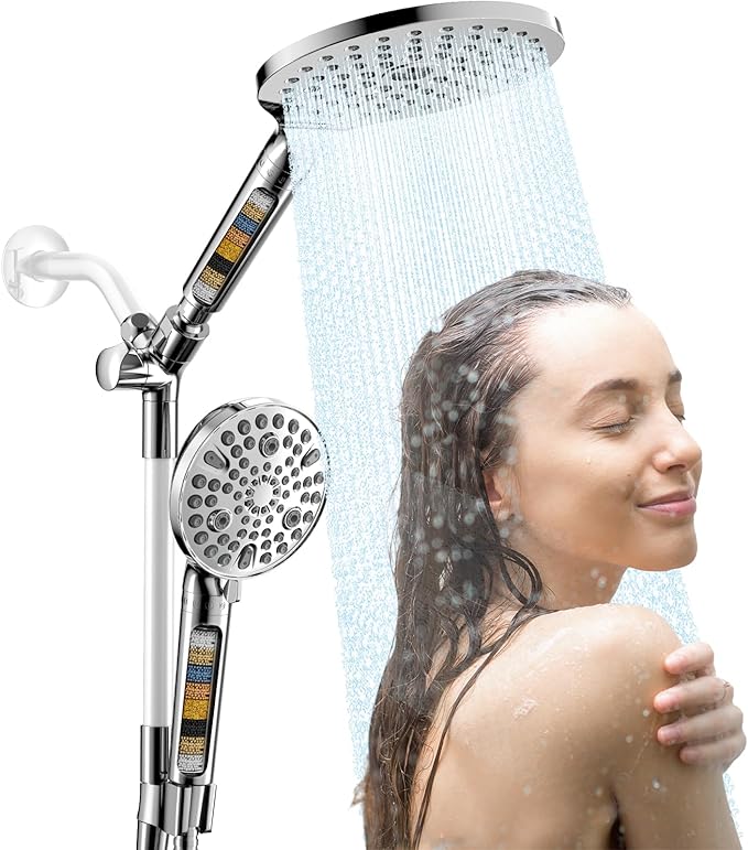 JONKEAN Dual Shower Heads with Handheld Spray Combo, 7.5" Big Filtered Double Shower Head for Hard Water, 9 Modes Waterfall Rain Shower Head High Pressure with Long Hose & Adjustable Bar (Chrome)