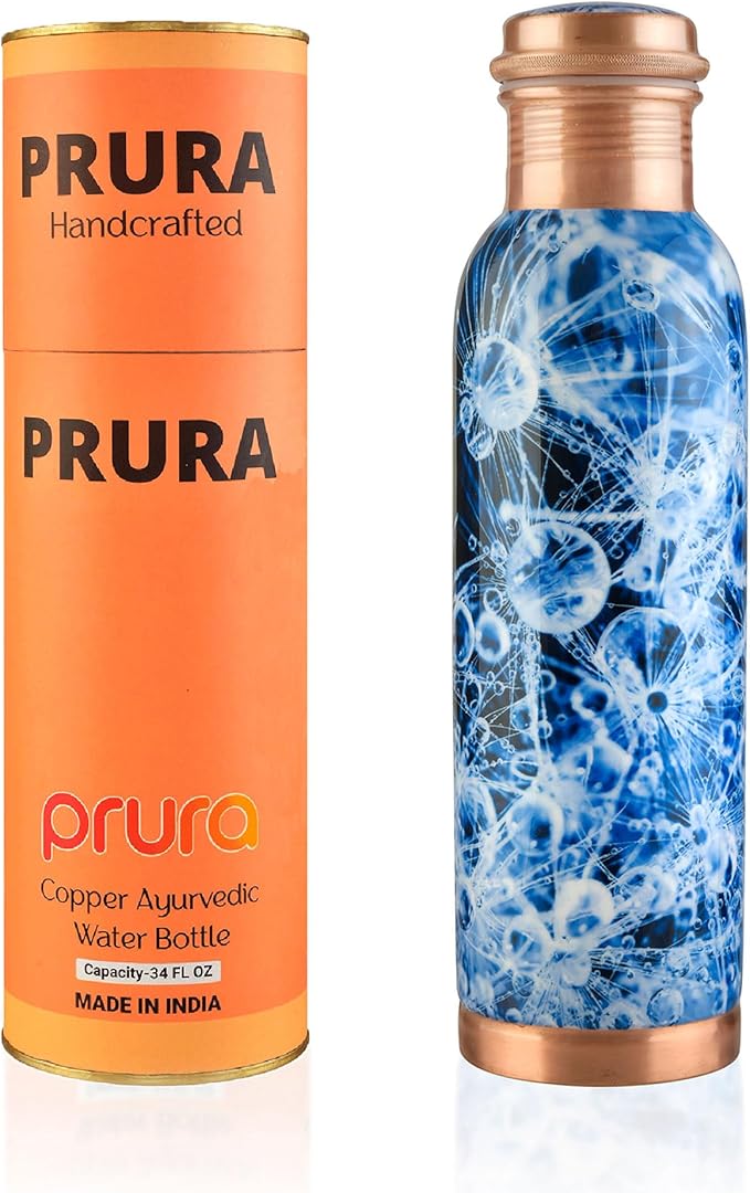 Pure Printed Copper Water Bottle 32 oz - Leak Proof Ayurvedic Drinkware Copper Vessel for Sports, Gym, Outdoors, Yoga, Health Benefits