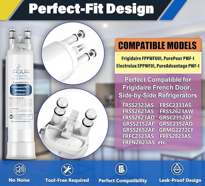 AQUA012 FPPWFU01 Water Filter Replacement Compatible with EPPWF01 PureAdvantage PWF-1 FPPWFU01 PurePour PWF-1Refrigerator Water Filter (2-PACK)