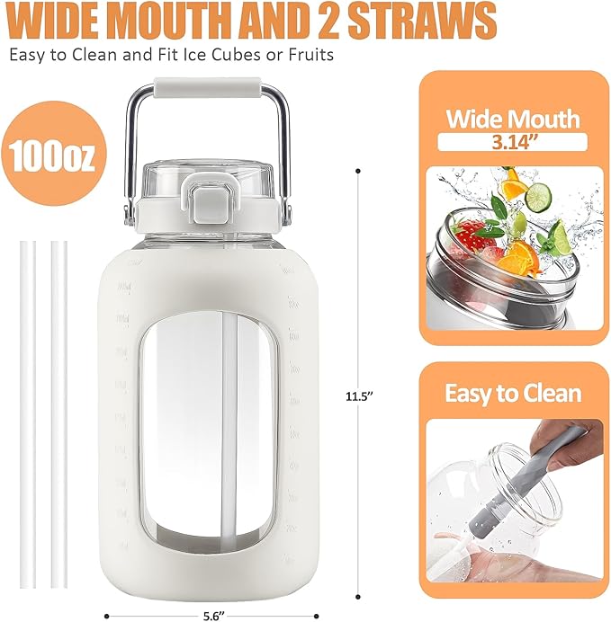 Large Glass Water Bottles with Stainless Steel Handle,100 oz Gallon Drinking Bottle with 2-in-1 Straw Lid,3 Liter Glass Water Jug with Silicone Sleeve,Wide Mouth,White