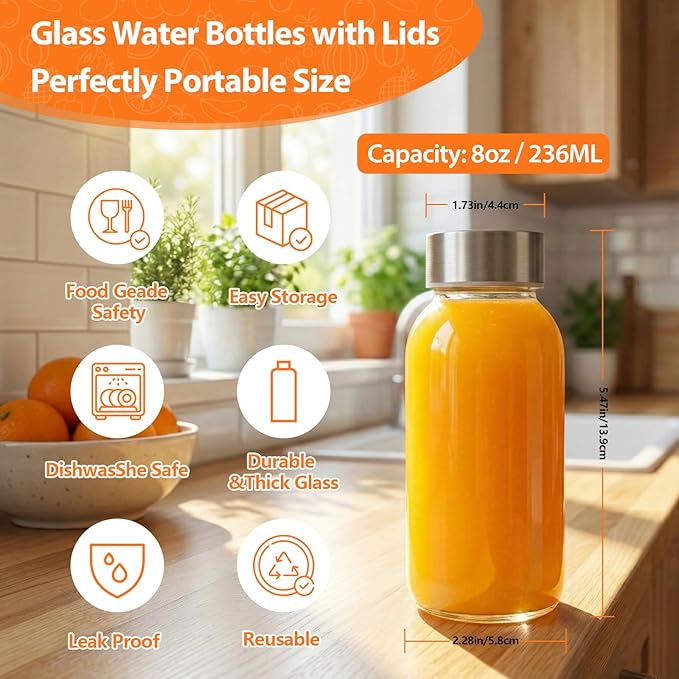 Luxfuel 8 oz Glass Water Bottles with Lids, 12 Pack Small Glass Juice Bottles with Stainless Steel Caps & Funnel, Leak-Proof Containers for Juicing, Milk, Ginger Shots, Smoothies, Wellness Drinks