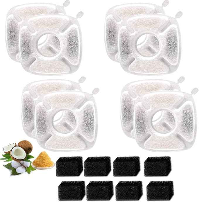 BRENSTEN 16 Pcs Replacement Filters & Sponges for Veken 95oz/2.8L Pet Fountain, Cat Water Filters (8 Carbon + 8 Sponge)